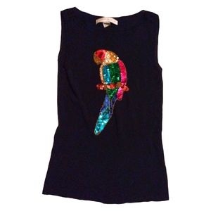 Lucia Burns Sequin Parrot Sleeveless Black Tee-shirt